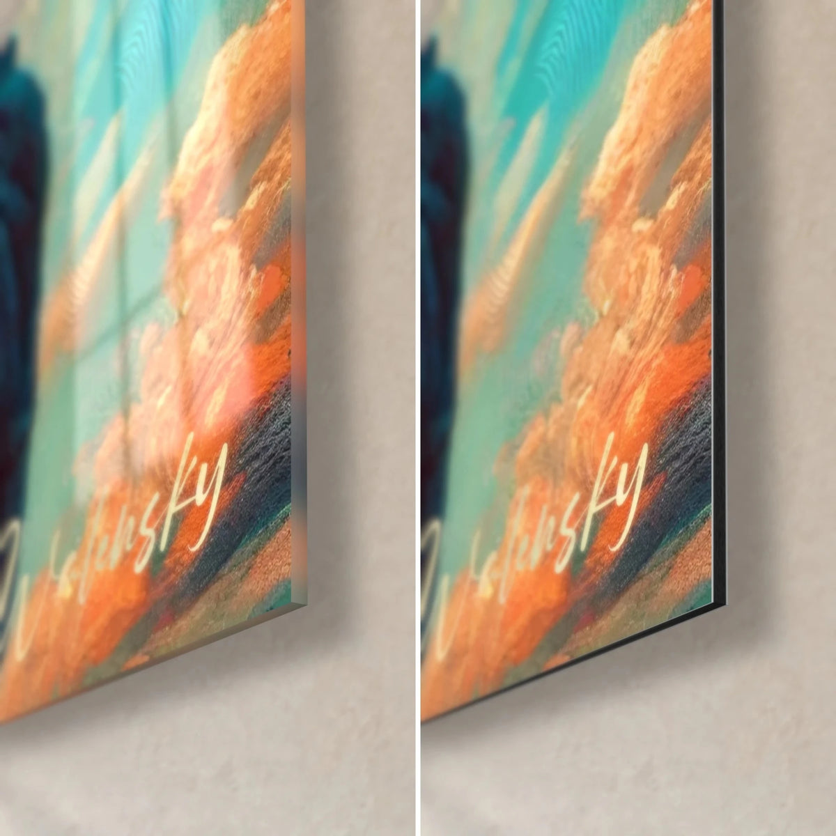 Wall art Lady Liberty, bottom right corner, orange and teal clouds, glossy glass on the left, matte Dibond, 3 mm edge