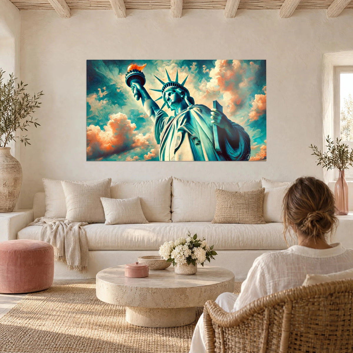 Wall art Statue of Liberty in turquoise, orange torch and coral clouds, above a sofa in a bright living room
