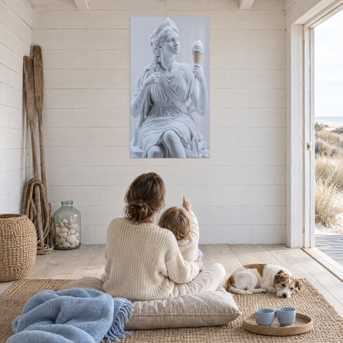 Cuadro diosa sentada de mármol blanco y gris perla, mirada lejana, helado en la mano, pared de madera, vista a las dunas