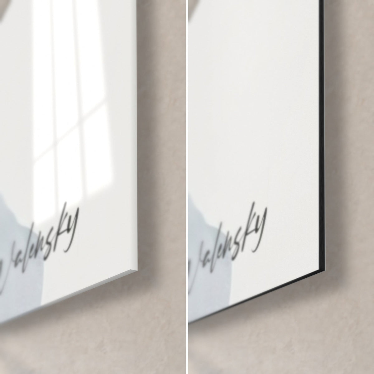 Tableau tête sculptée au casque blanc, signature Walensky noire sur fond ivoire, coin bas droit : verre brillant à gauche, Dibond mat à droite