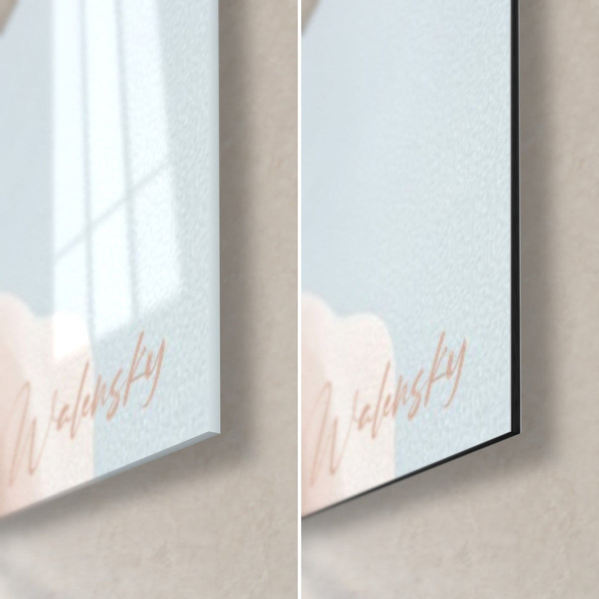 Gemälde weibliche Büste mit lachsfarbenen Rosen und himmelblauen Tönen, untere rechte Ecke: glänzendes Acrylglas links, mattschwarzes Alu-Dibond rechts
