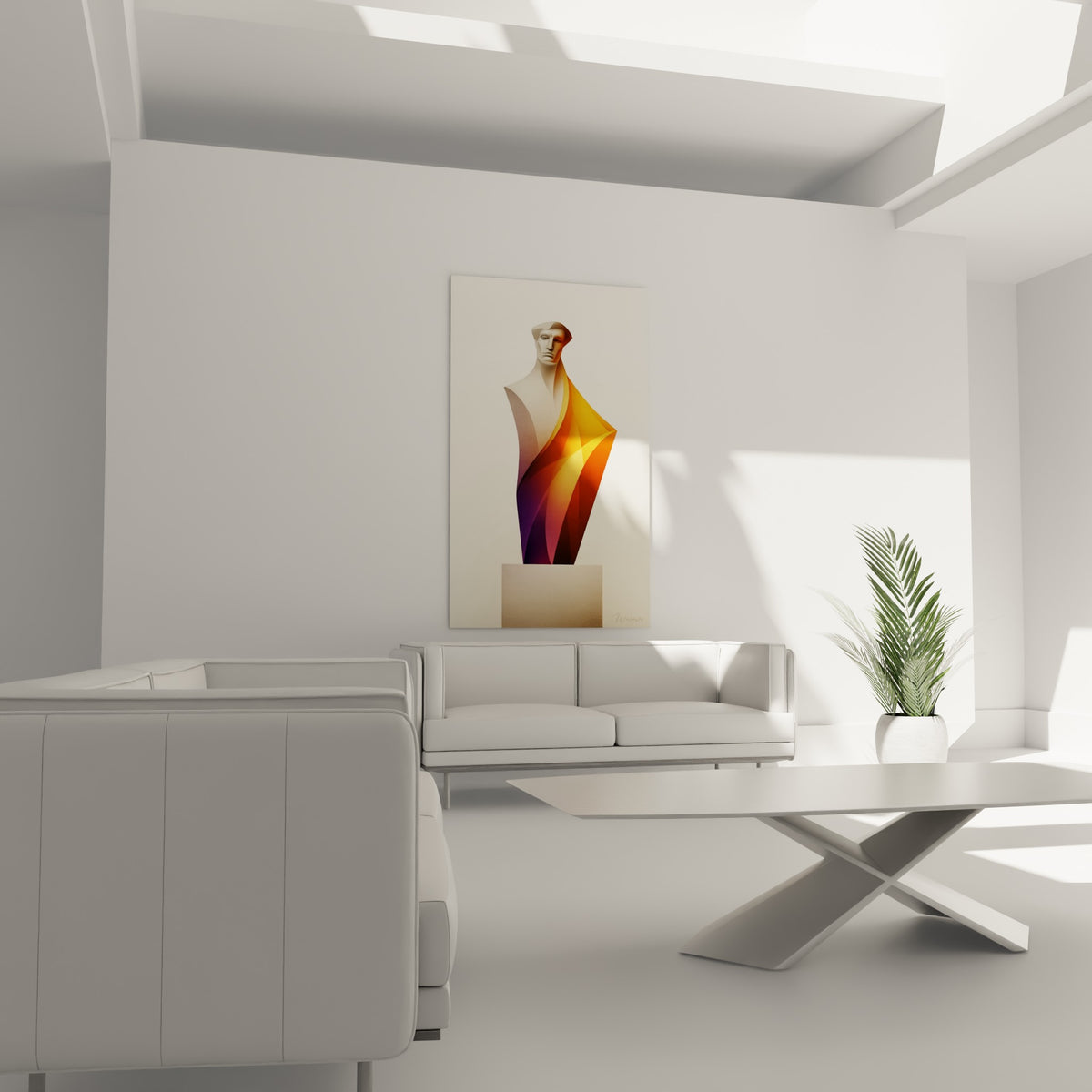 Silhouette statue crème et flamme orangée du tableau accrochée au-dessus d'un canapé dans un salon lumineux