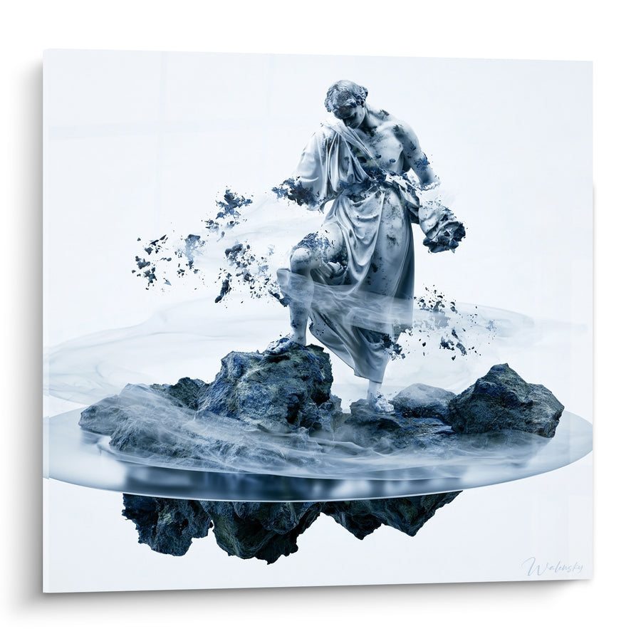 Tableau Silhouette drapée blanche et bleu marine sur rocher - Fragments suspendus - Edition Statue
