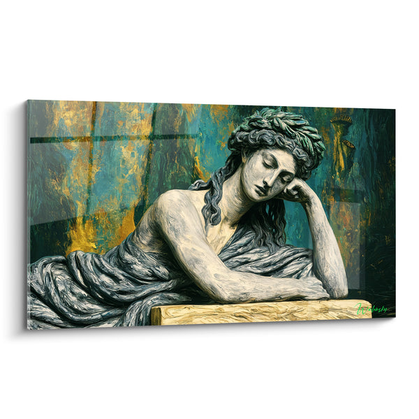 Tableau Statue drapée songeuse en marbre bleuté doré - Rêverie antique - Edition Statue