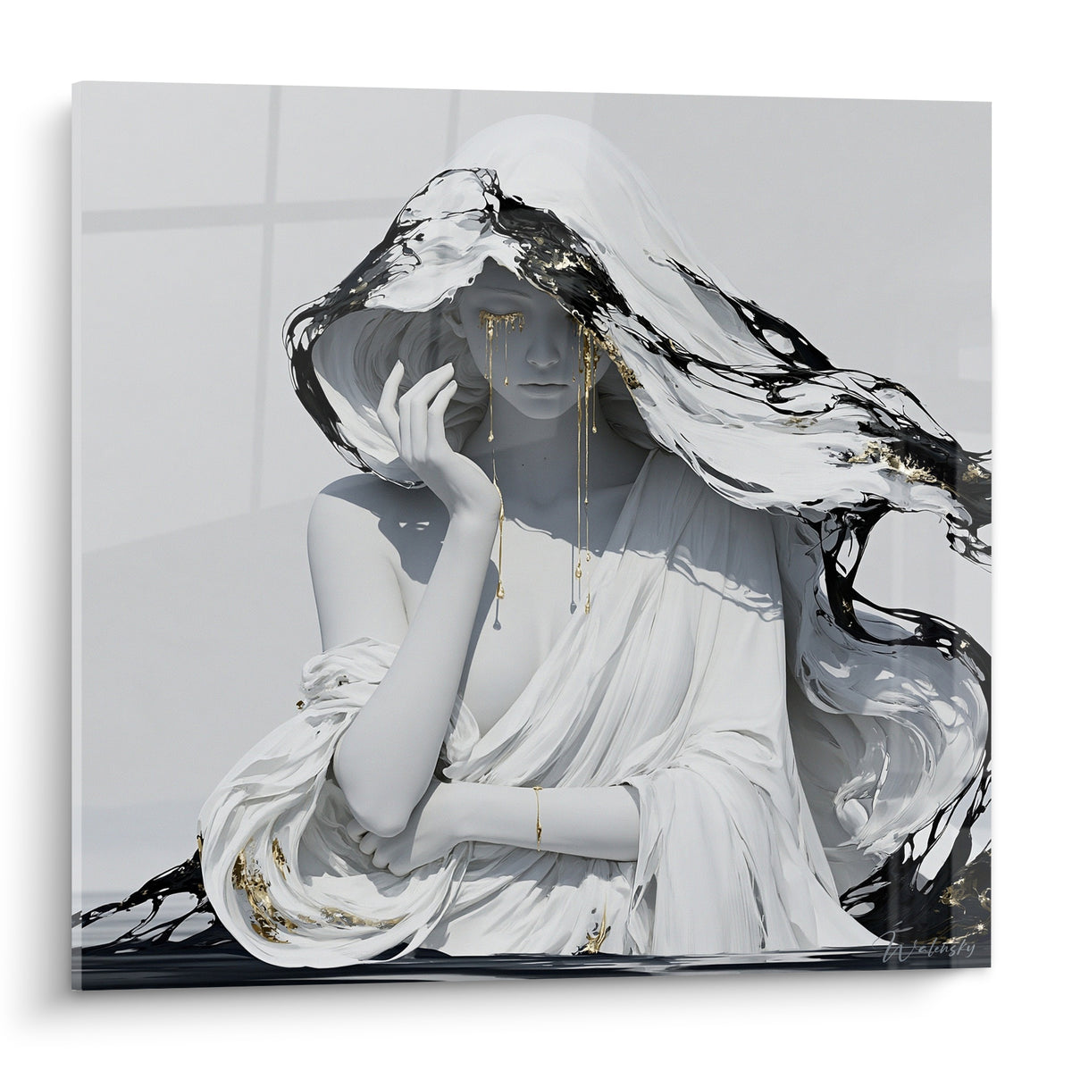 Statue drapée blanche et noire, larmes dorées coulant sur le visage marbré, voile fluide