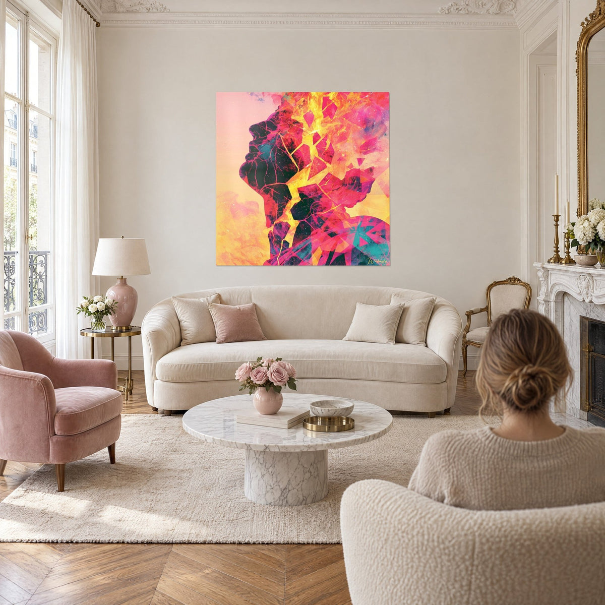 Tableau profil sculpté fissuré aux éclats rose fuchsia et jaune doré, au-dessus d'un canapé dans un salon lumineux