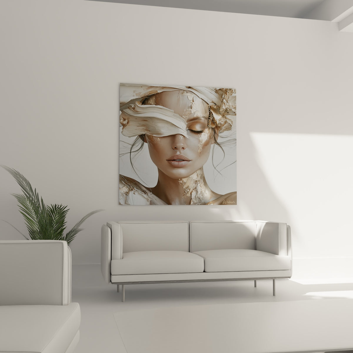 Portrait sculptural en ivoire et doré, Statue apaisante au-dessus d'un canapé dans un salon lumineux