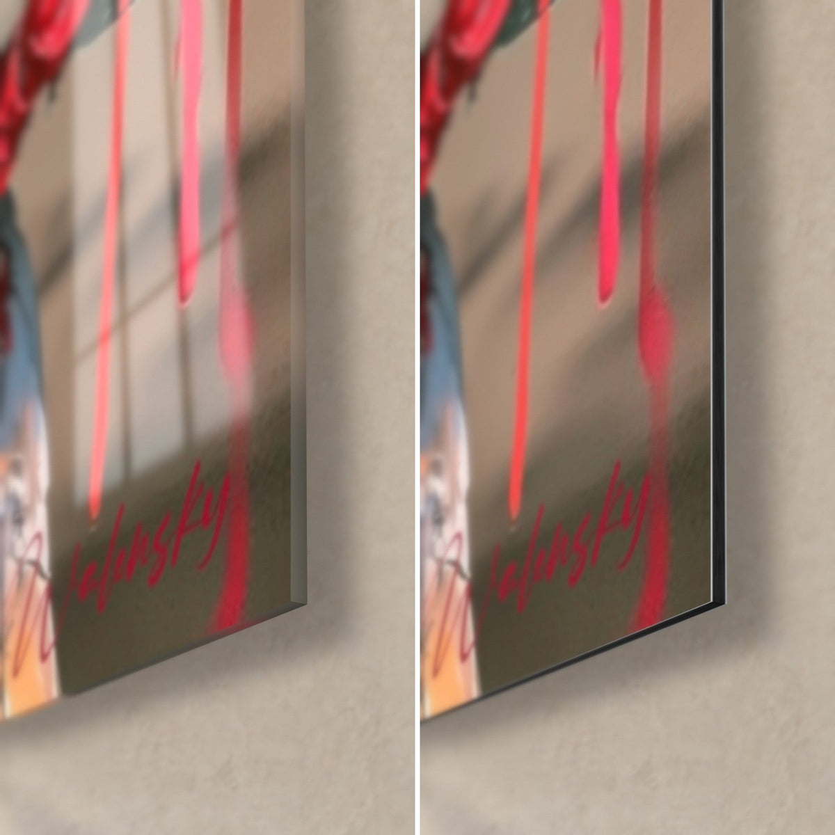 Schilderij slapend beeld versierd met rode pioenrozen, rechtsonder hoek: glanzend acrylglas links, mat geborsteld Dibond aluminium en 3 mm rand rechts