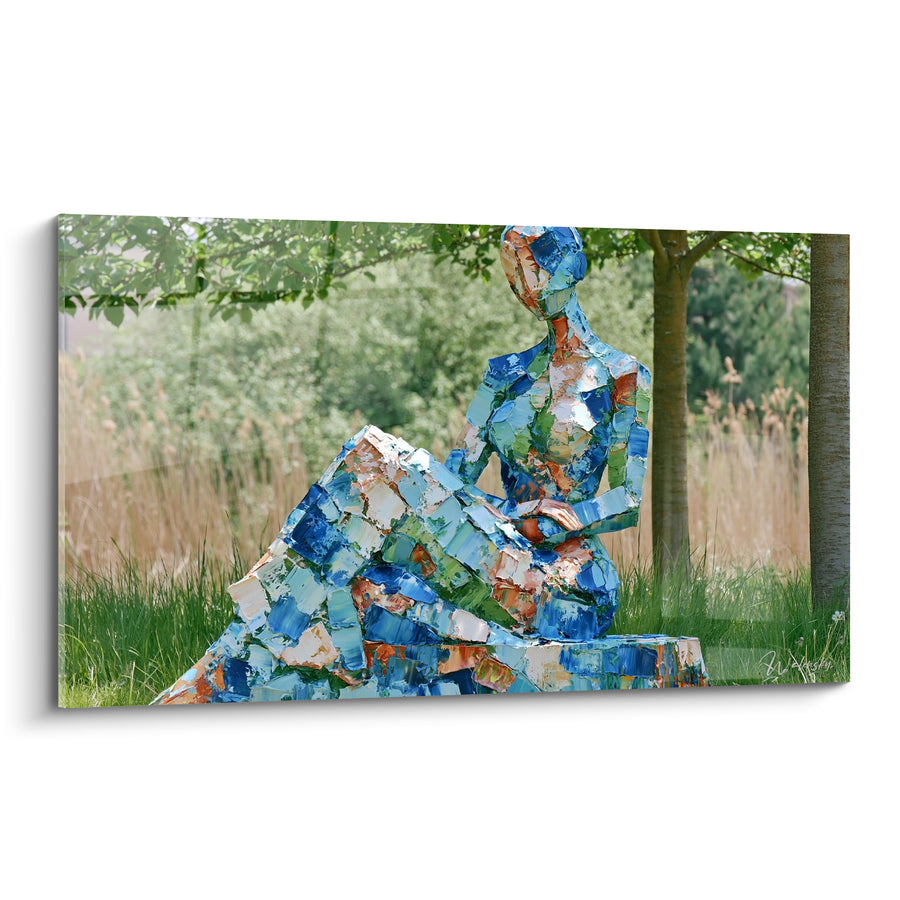 Tableau Femme assise en mosaïque bleue et orangée - Fragments de sérénité - Edition Statue