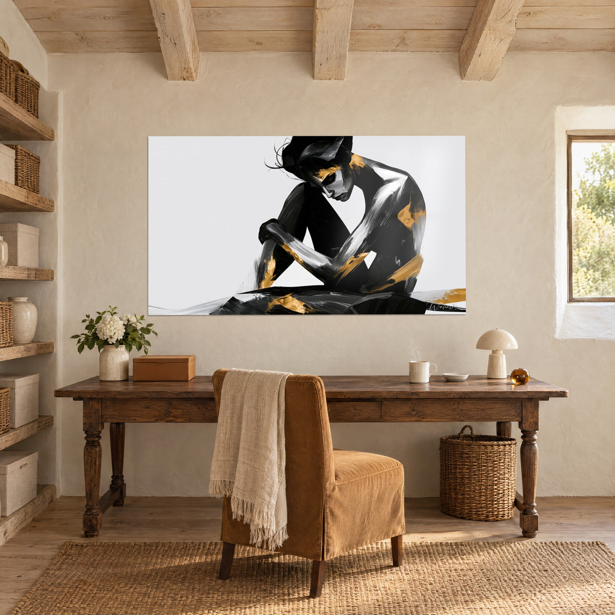 Wall art bent model, face tilted beneath a dark strand of hair, black, silver-grey and gold lines, on the wall of a rustic wooden desk