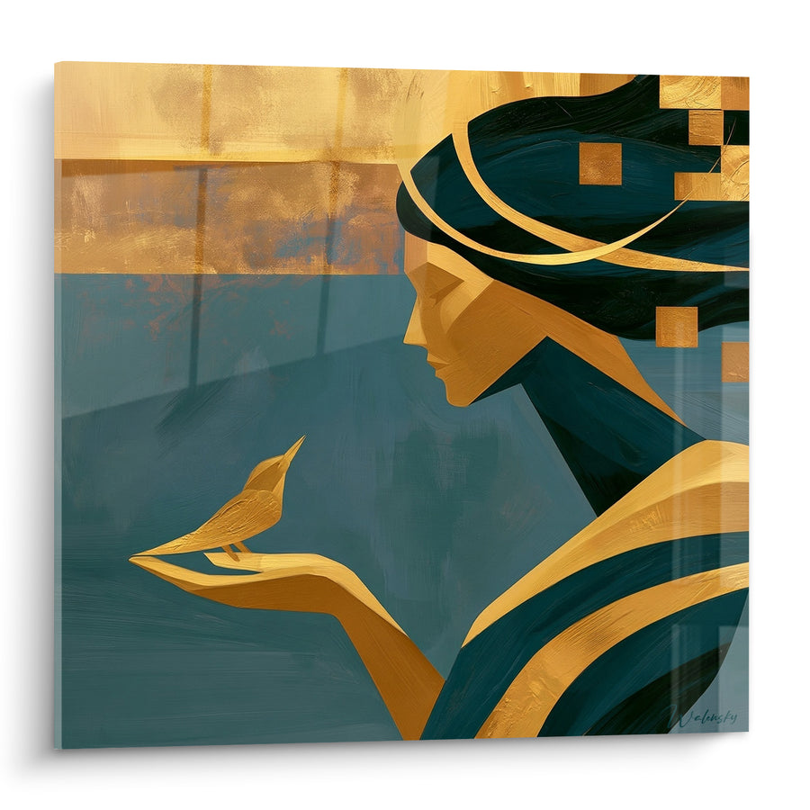 Schilderij Vrouw met gouden turban en vogel - Stille offerande - Editie Statue