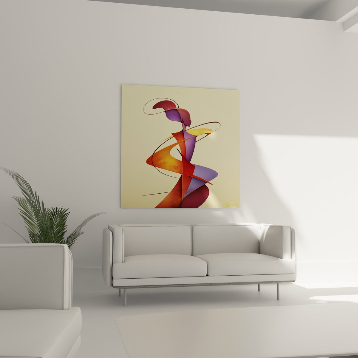 Figure sculpturale de la Statue mêlant fauve et mauve, suspendue au-dessus d'un canapé dans un salon lumineux