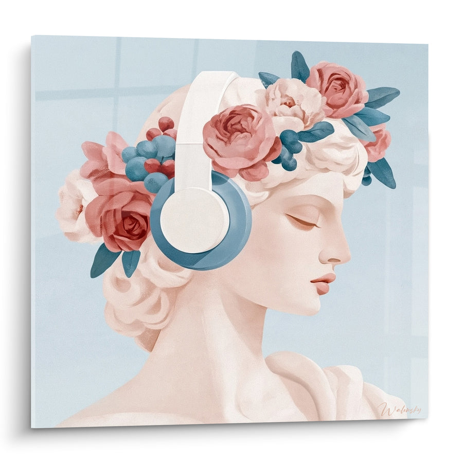 Tableau Buste fleuri au casque audio bleu - Rêverie musicale - Edition Statue