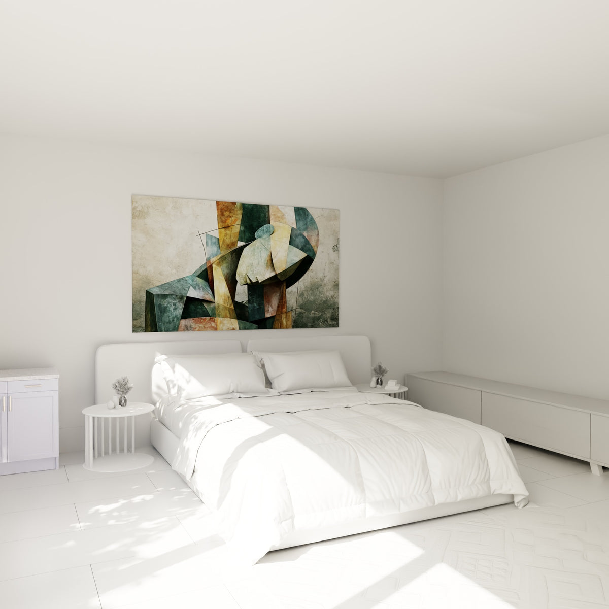 Silhouette sculpturale verte et terracotta fragmentée, accrochée au-dessus d'un lit dans une chambre claire