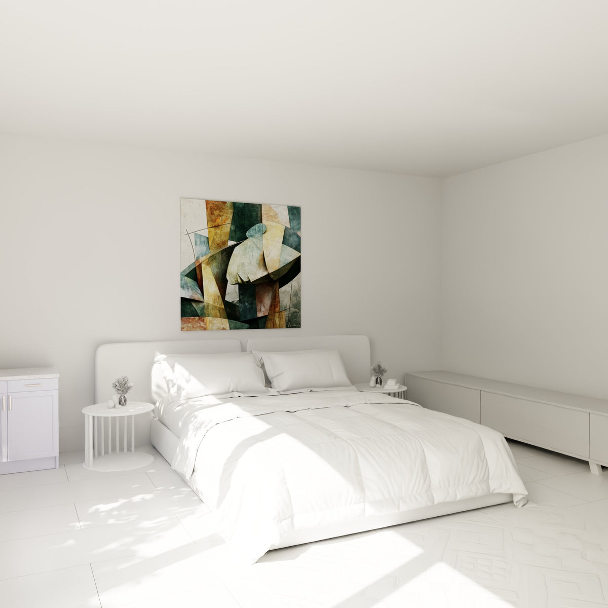 Silhouette cubiste ocre et vert sauge au-dessus d'un lit dans une chambre claire