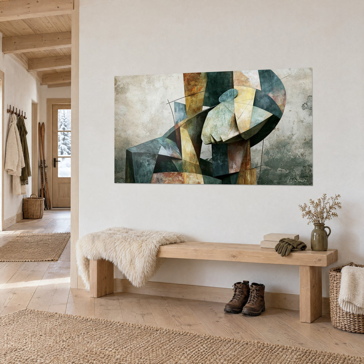 Wall art Geometric sculpture with golden and grey-green facets, fine black lines, hung at three-quarter angle above a light wood bench in an entrance hall
