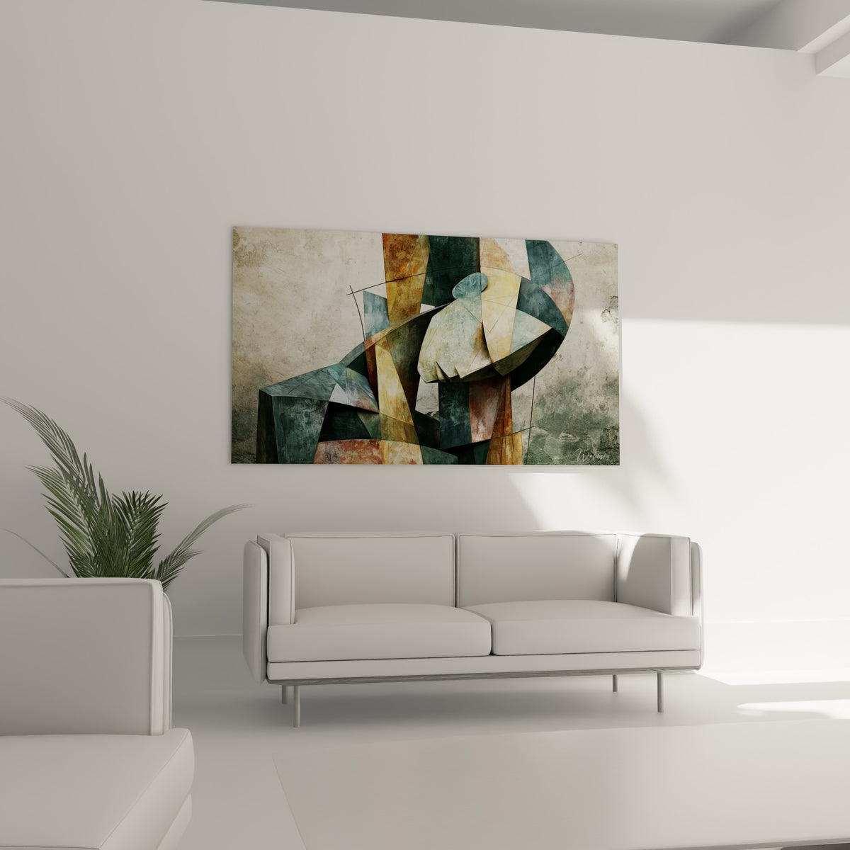 Figure géométrique ocre et anthracite aux lignes fines, suspendue au-dessus d'un canapé dans un salon lumineux