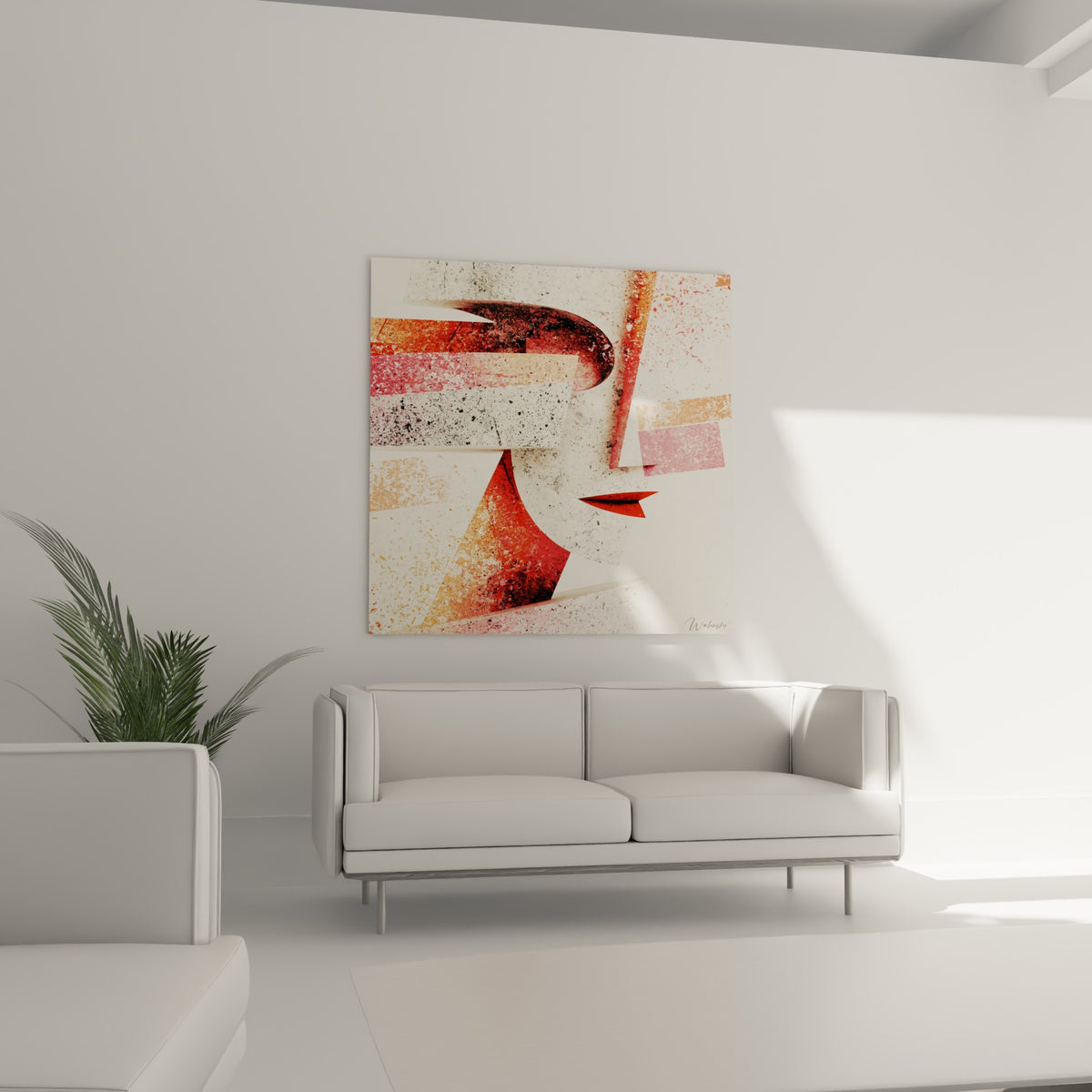 Profil géométrique rouge et corail de la Statue, suspendu au-dessus d'un canapé dans un salon lumineux