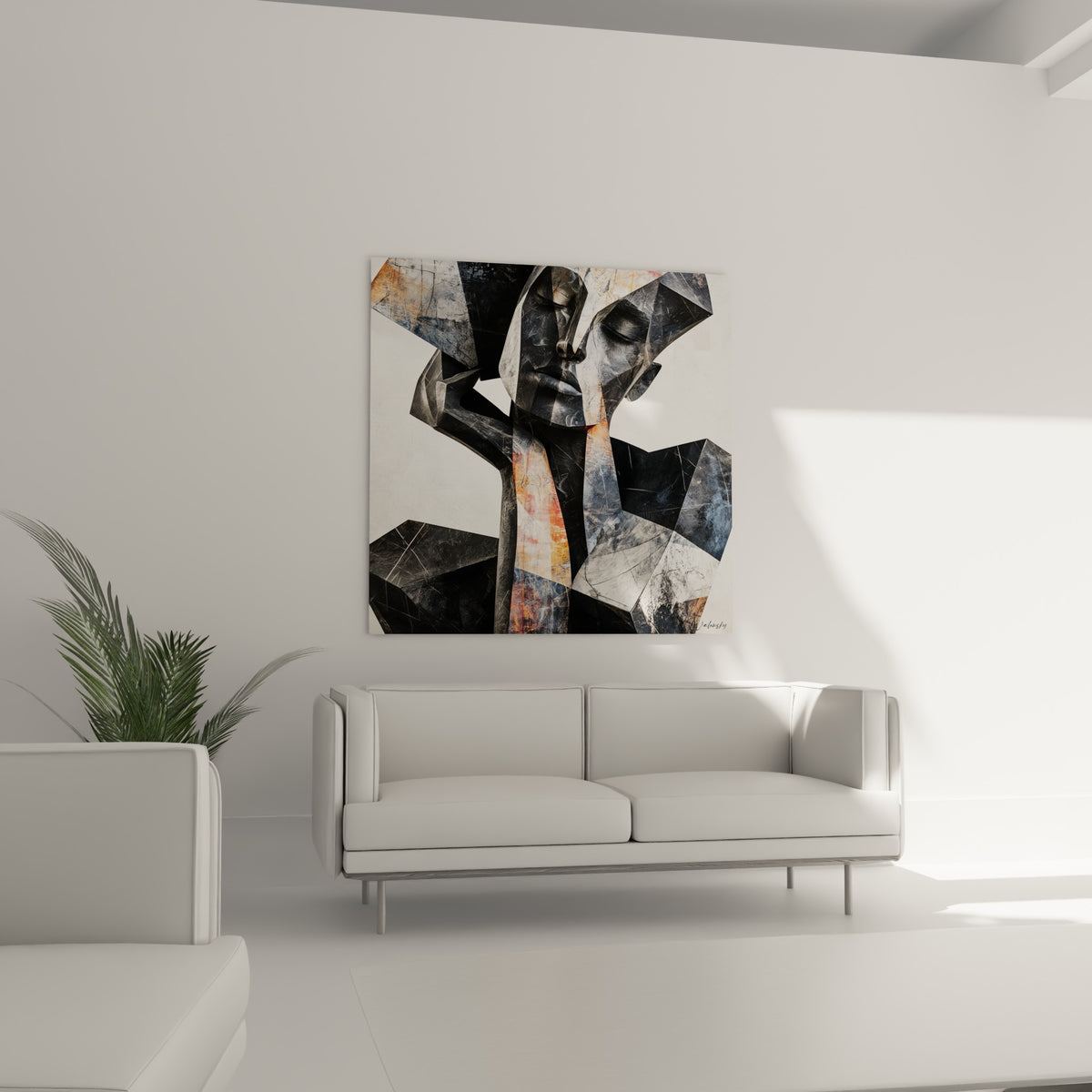 Silhouette fracturée anthracite de cette Statue au-dessus d'un canapé dans un salon lumineux