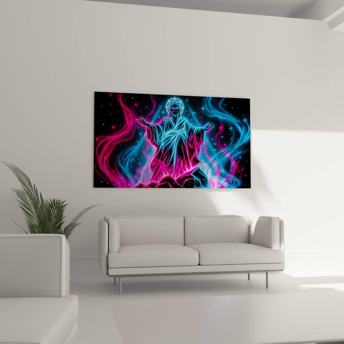 Figure Statue enveloppée de flammes magenta et bleu électrique, au-dessus d'un canapé dans un salon lumineux