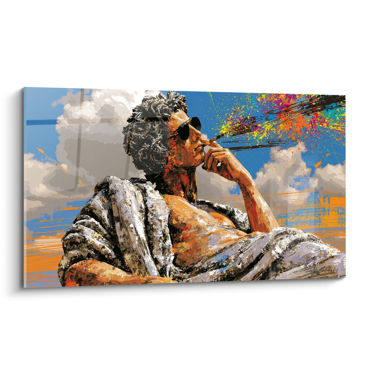 Statue antique aux lunettes noires fumant, drapé gris et fumée multicolore éclatante