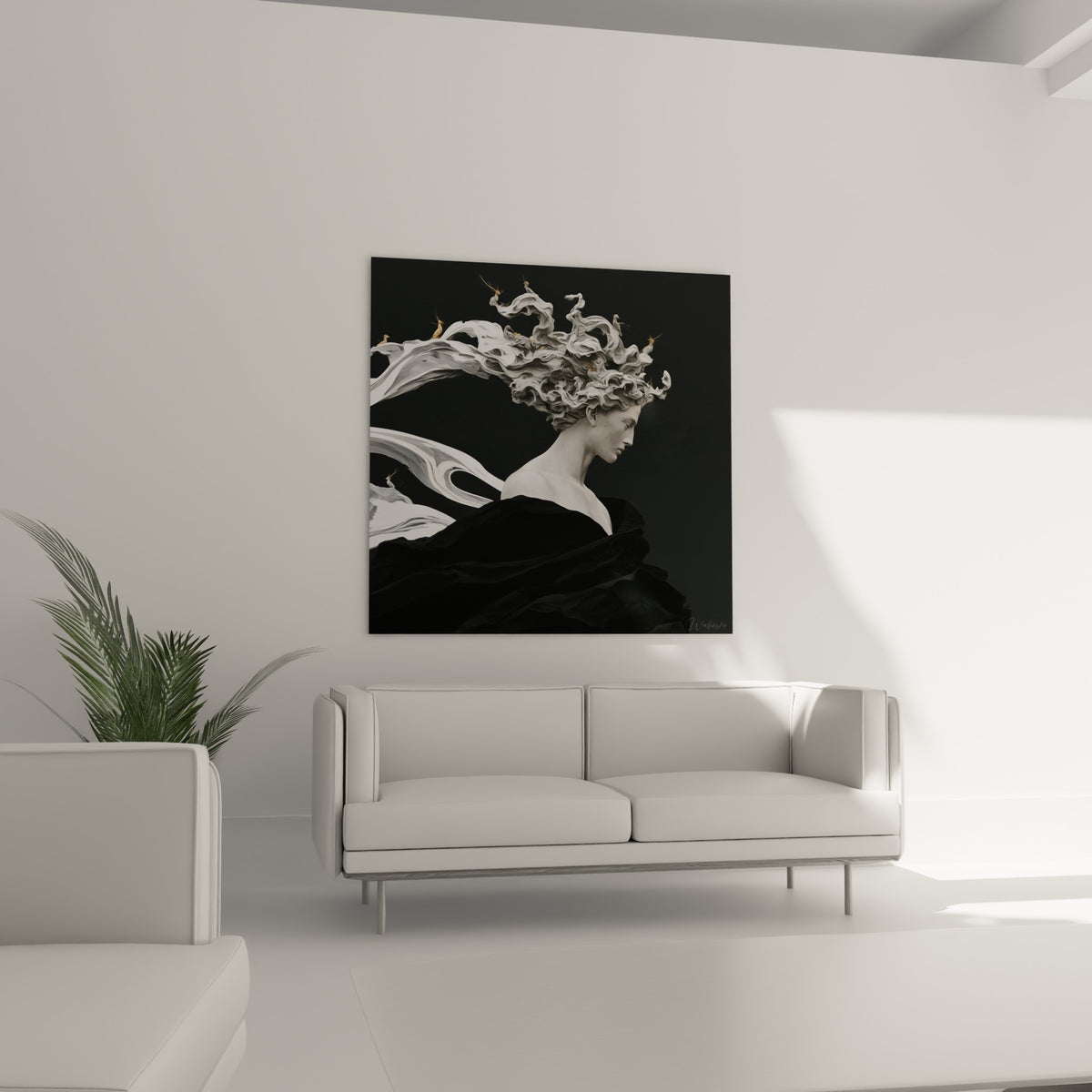 Silhouette sculptée en blanc et noir accrochée au-dessus d'un canapé dans un salon lumineux