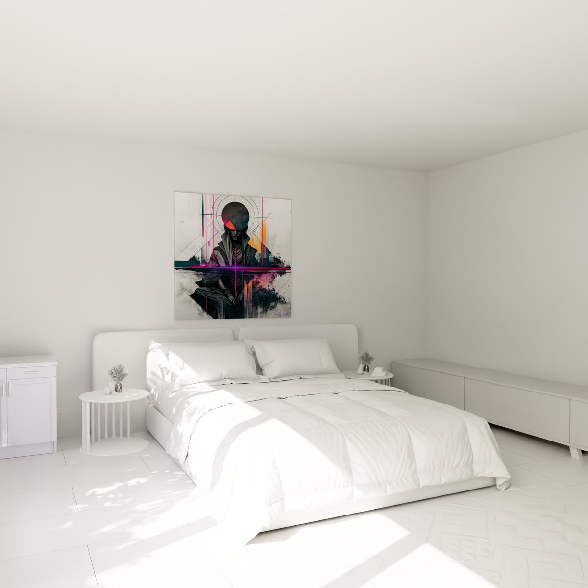 Silhouette en méditation aux tons anthracite et fuchsia, accrochée au-dessus d'un lit dans une chambre claire