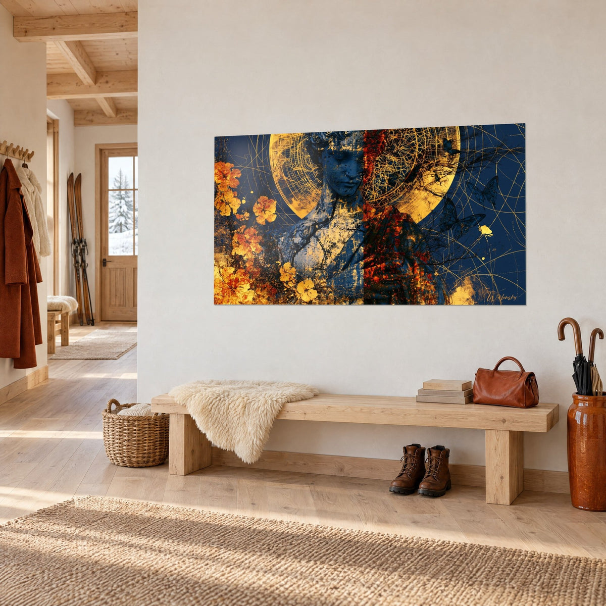 Wall art face of cracked marble, half midnight blue and half ember red, butterflies and ochre flowers, white wall of a chalet