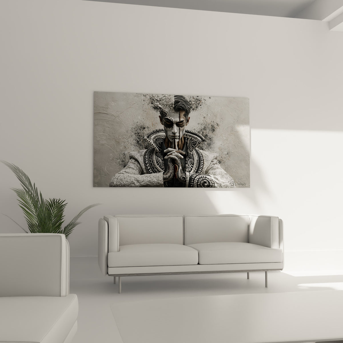 Portrait sculptural gris et noir aux mains jointes, au-dessus d'un canapé dans un salon lumineux