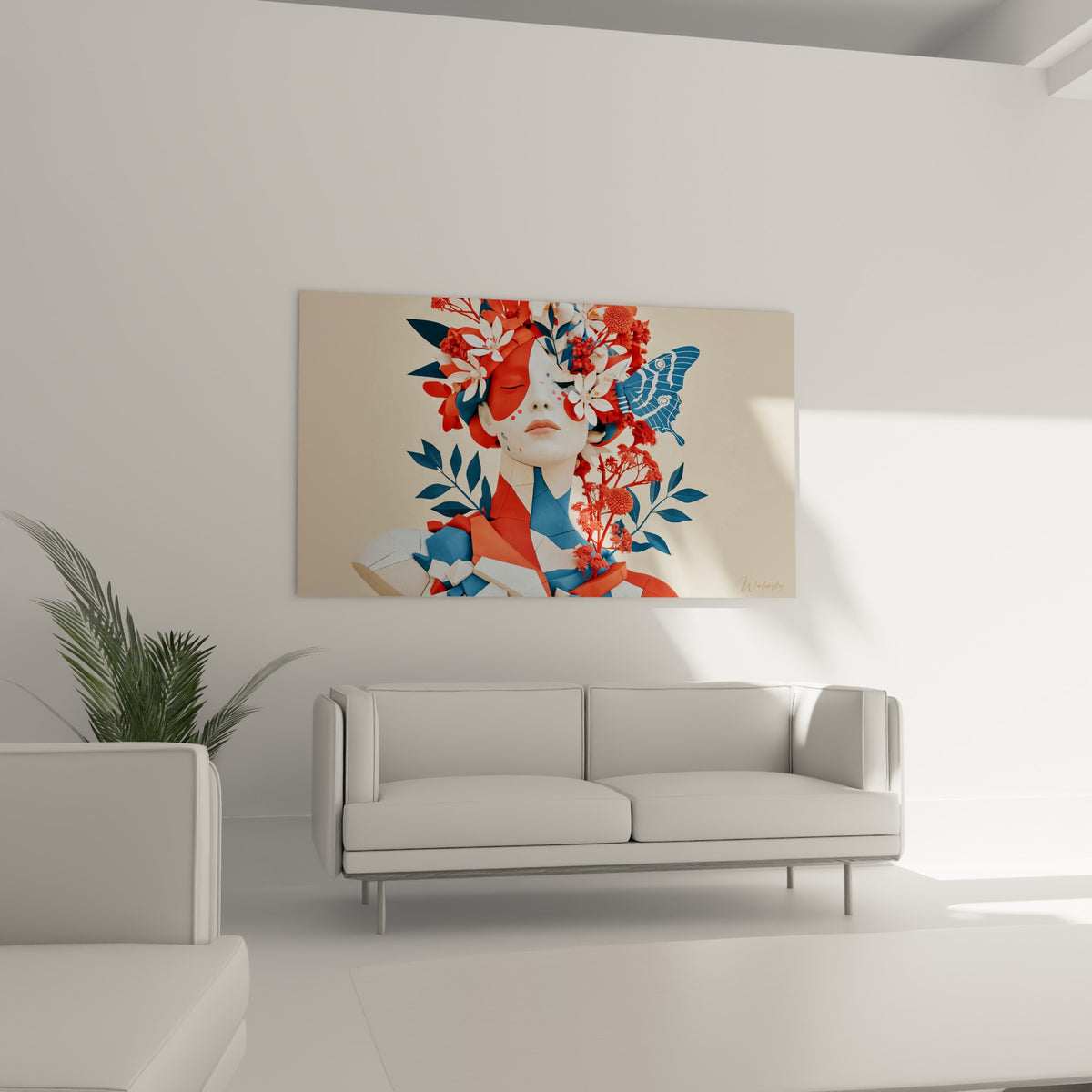 Buste fragmenté blanc et terracotta orné de fleurs, au-dessus d'un canapé dans un salon lumineux