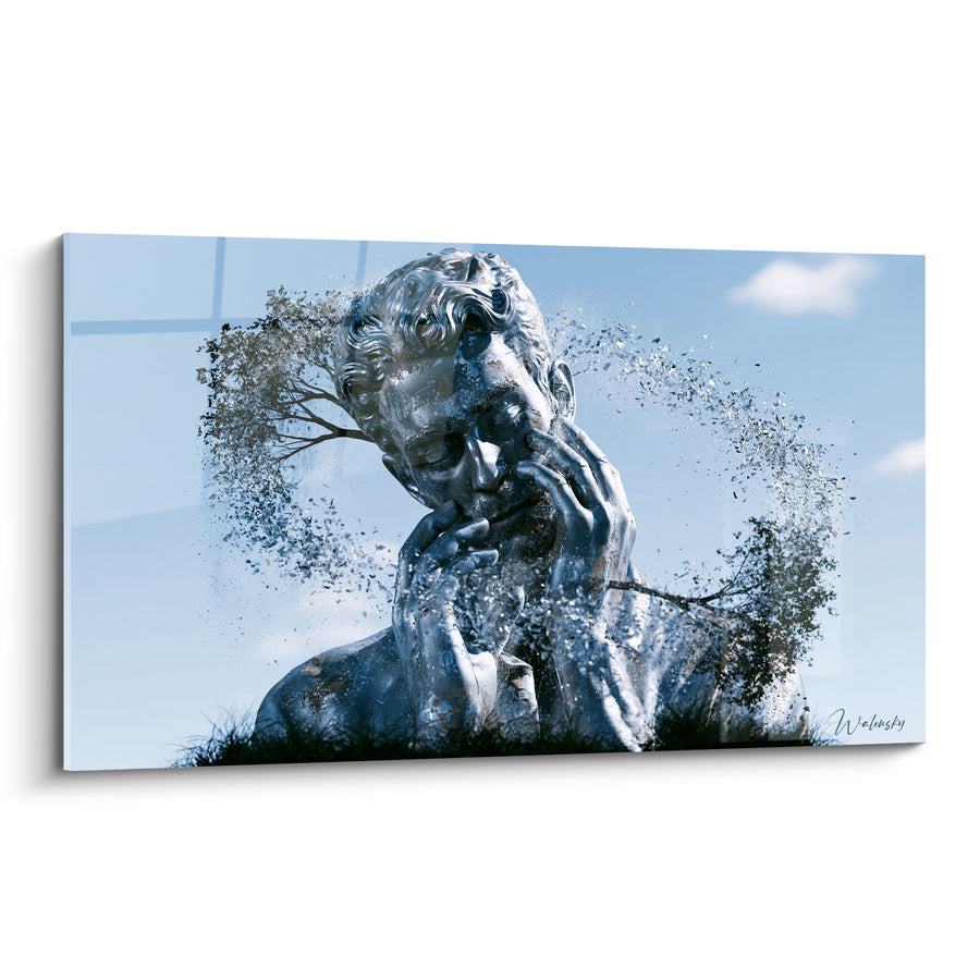 Tableau Penseur blanc et bleu se dispersant en éclats - Pensée en dispersion - Edition Statue