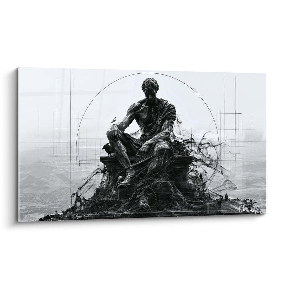 Tableau Statue pensive noire et blanche dominant un paysage - Solitude du géant - Edition Statue