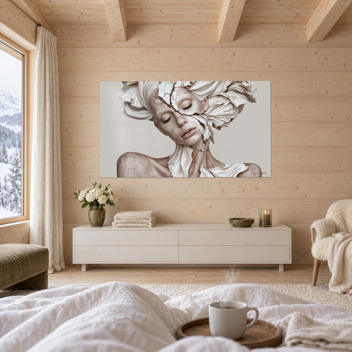Wall art bouquet of plaster petals around a sleeping face, powder pink and off-white tones, above a bed in a light bedroom
