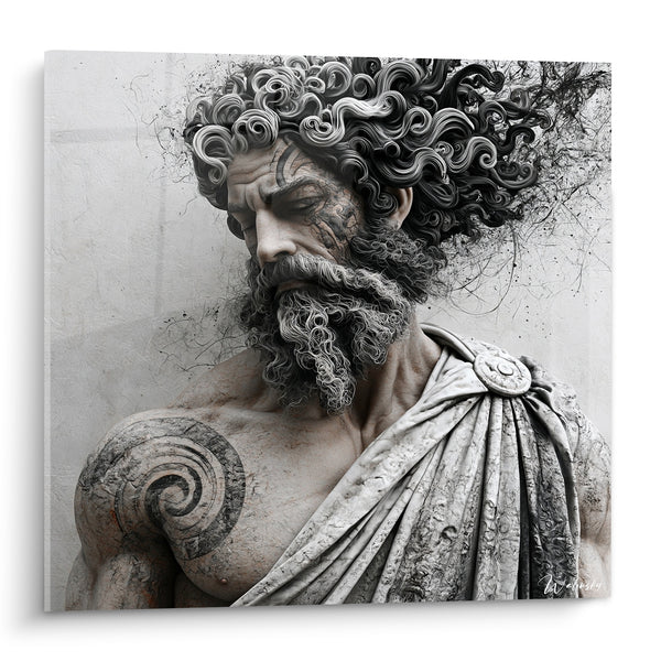 Tableau Philosophe grec chevelure noire tatouages en spirale - Sagesse rebelle - Edition Statue
