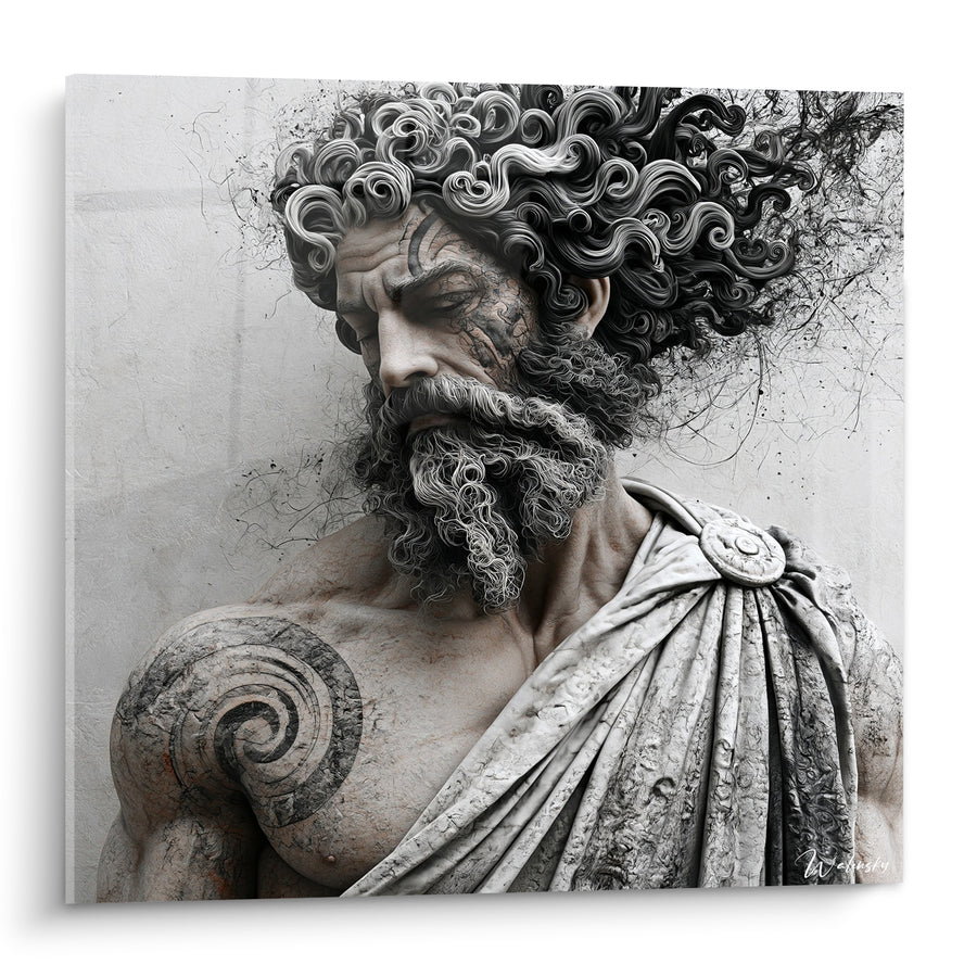Tableau Philosophe grec chevelure noire tatouages en spirale - Sagesse rebelle - Edition Statue