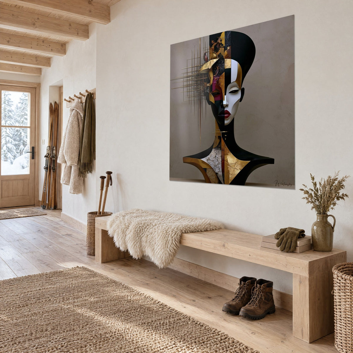 Wall art stylized statue with burgundy lips, tall black headdress and golden grid, three-quarter view in the entrance of a chalet