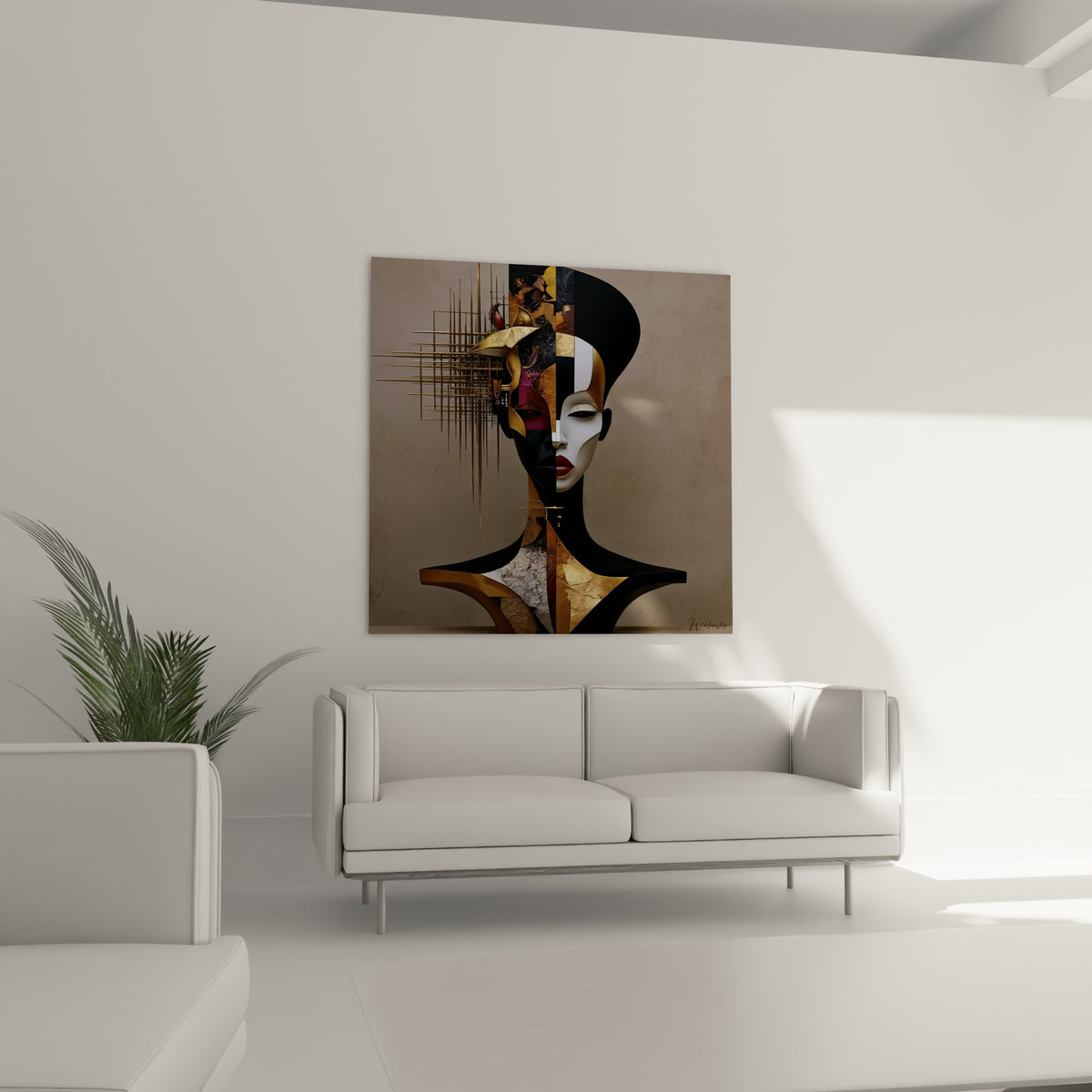 Statue au buste anthracite et doré, silhouette graphique, au-dessus d'un canapé dans un salon lumineux