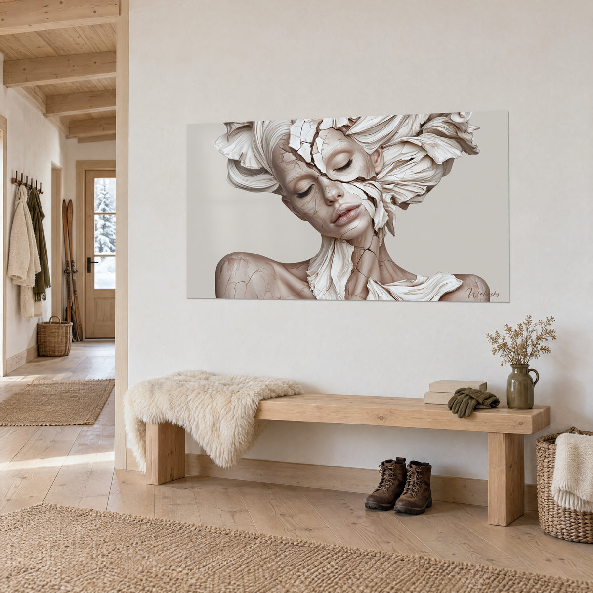 Wall art sculptural portrait with closed eyelids, sand and cream white cracks, wooden bench and fur, three-quarter view at the chalet