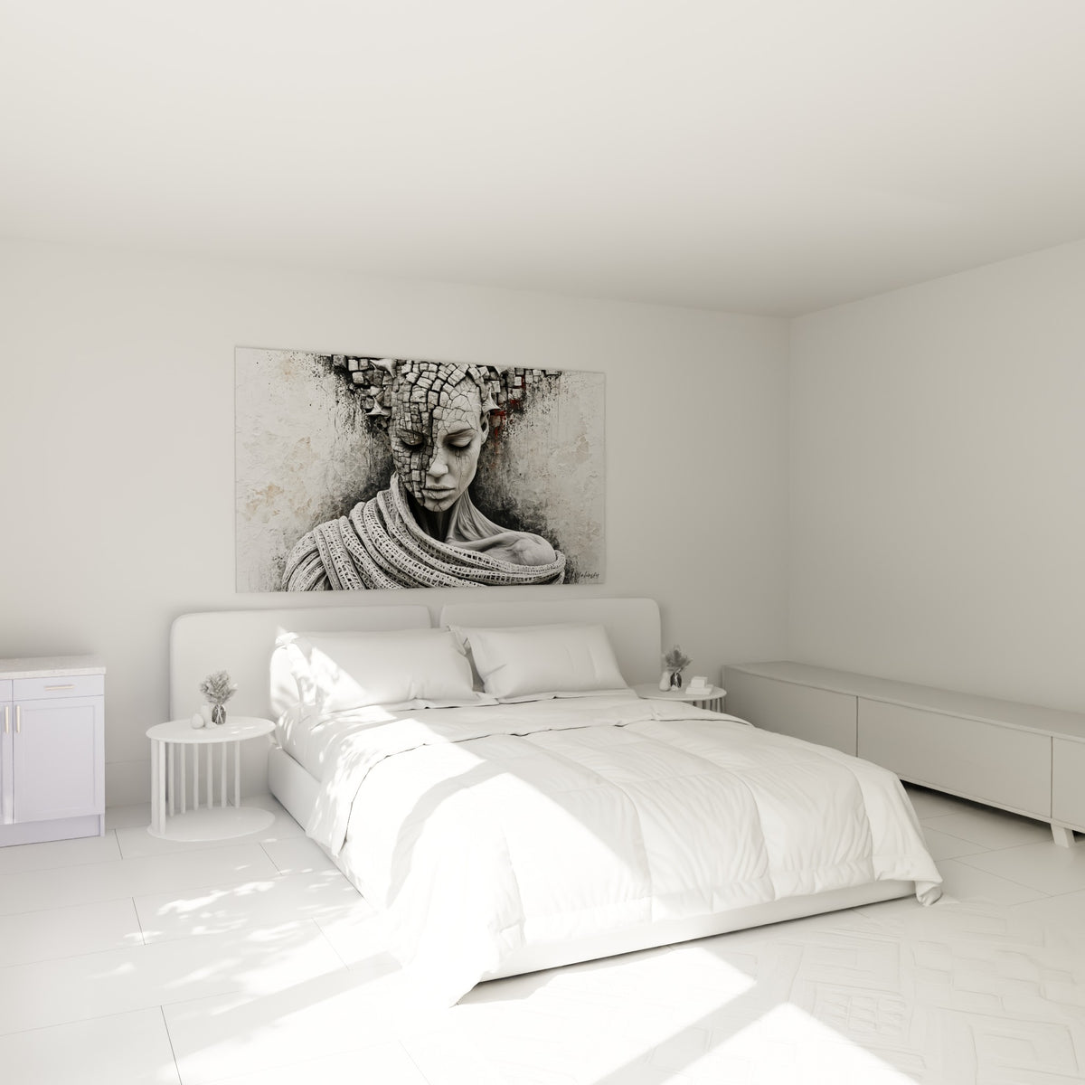 Portrait sculptural gris anthracite et blanc craie au-dessus d'un lit dans une chambre claire