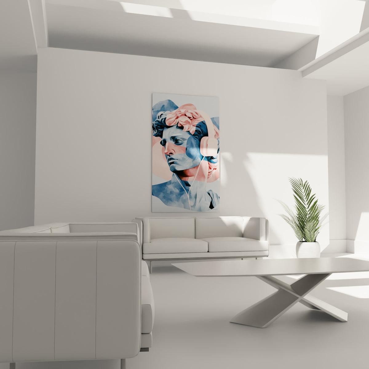 Profil de statue antique bleu poudré et rose saumon, disposé au-dessus d'un canapé dans un salon lumineux