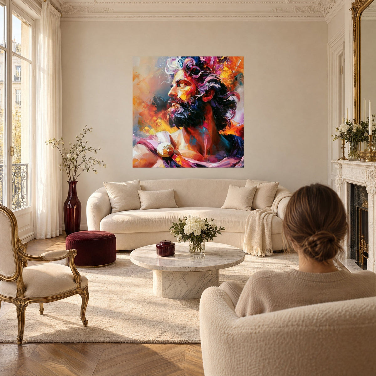 Tableau buste barbu aux boucles lilas et flammes orange, peau ambre, mur crème, au-dessus d'un canapé dans un salon lumineux
