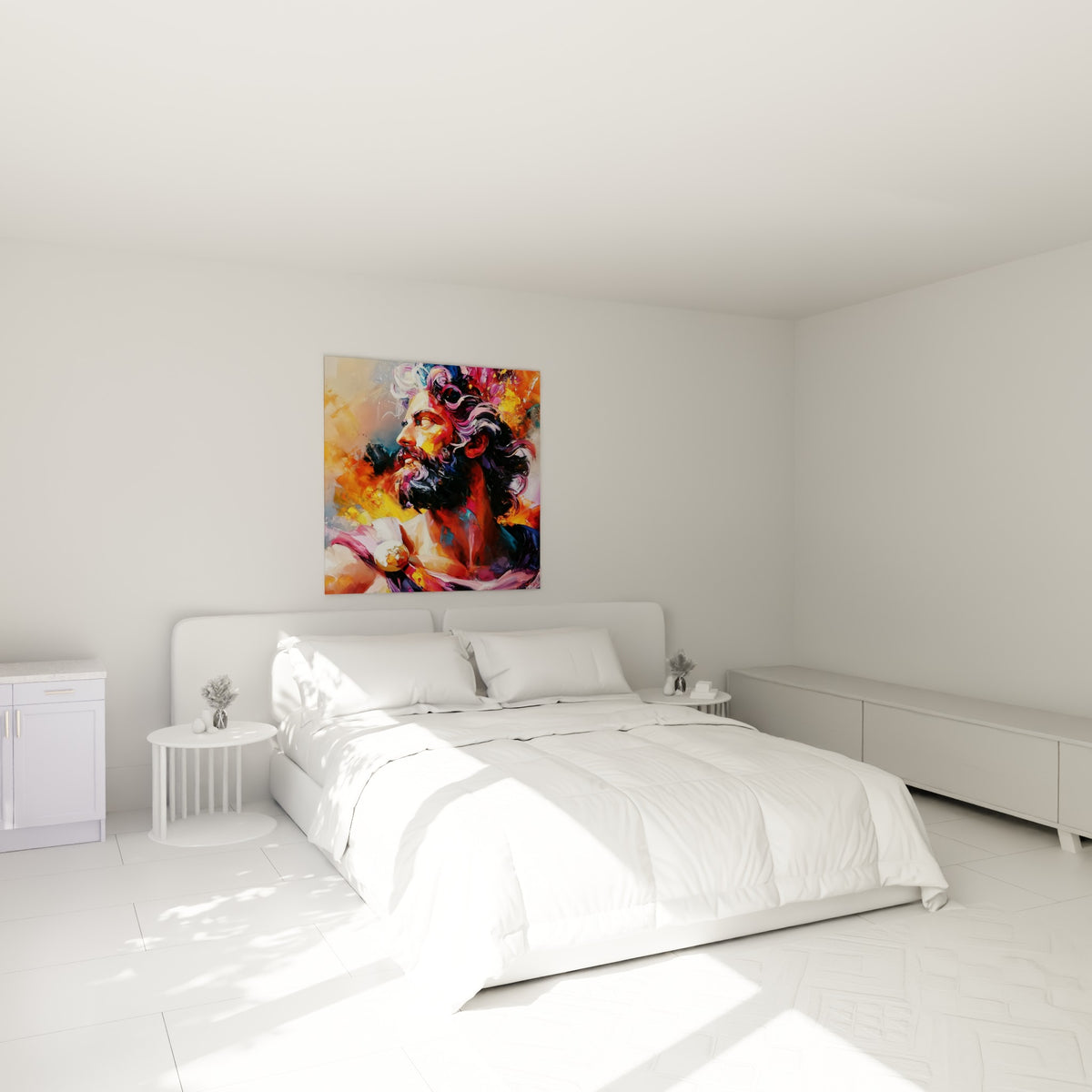 Statue au profil doré et pourpre accrochée au-dessus d'un lit dans une chambre claire