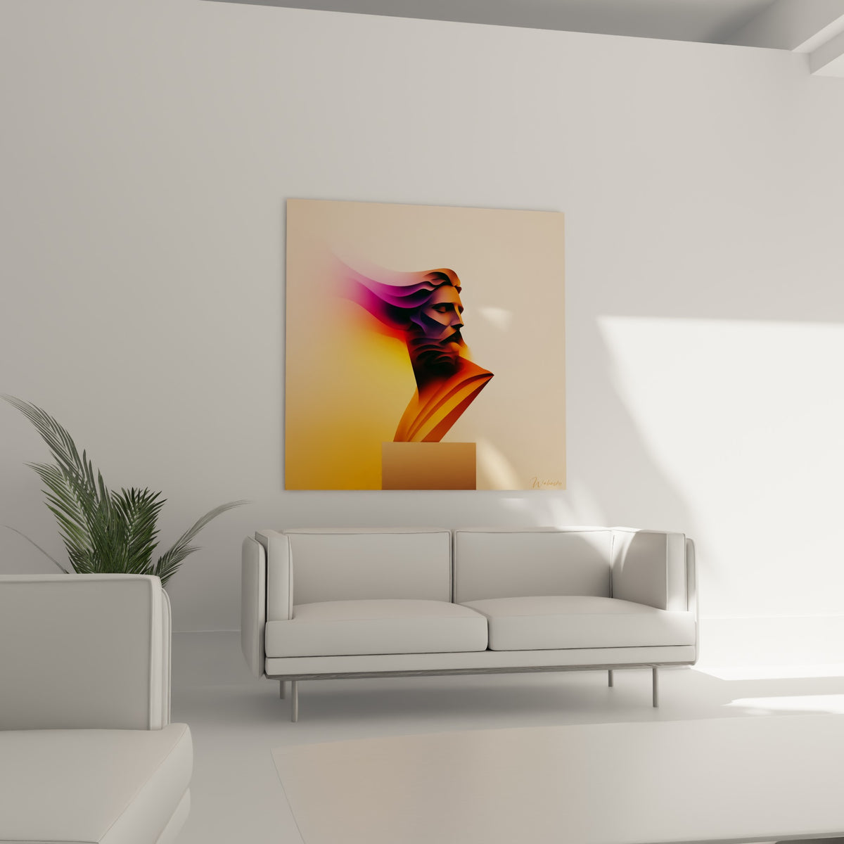 Sculpture géométrique fauve et violette au regard clos, tableau Statue placé au-dessus d'un canapé dans un salon lumineux