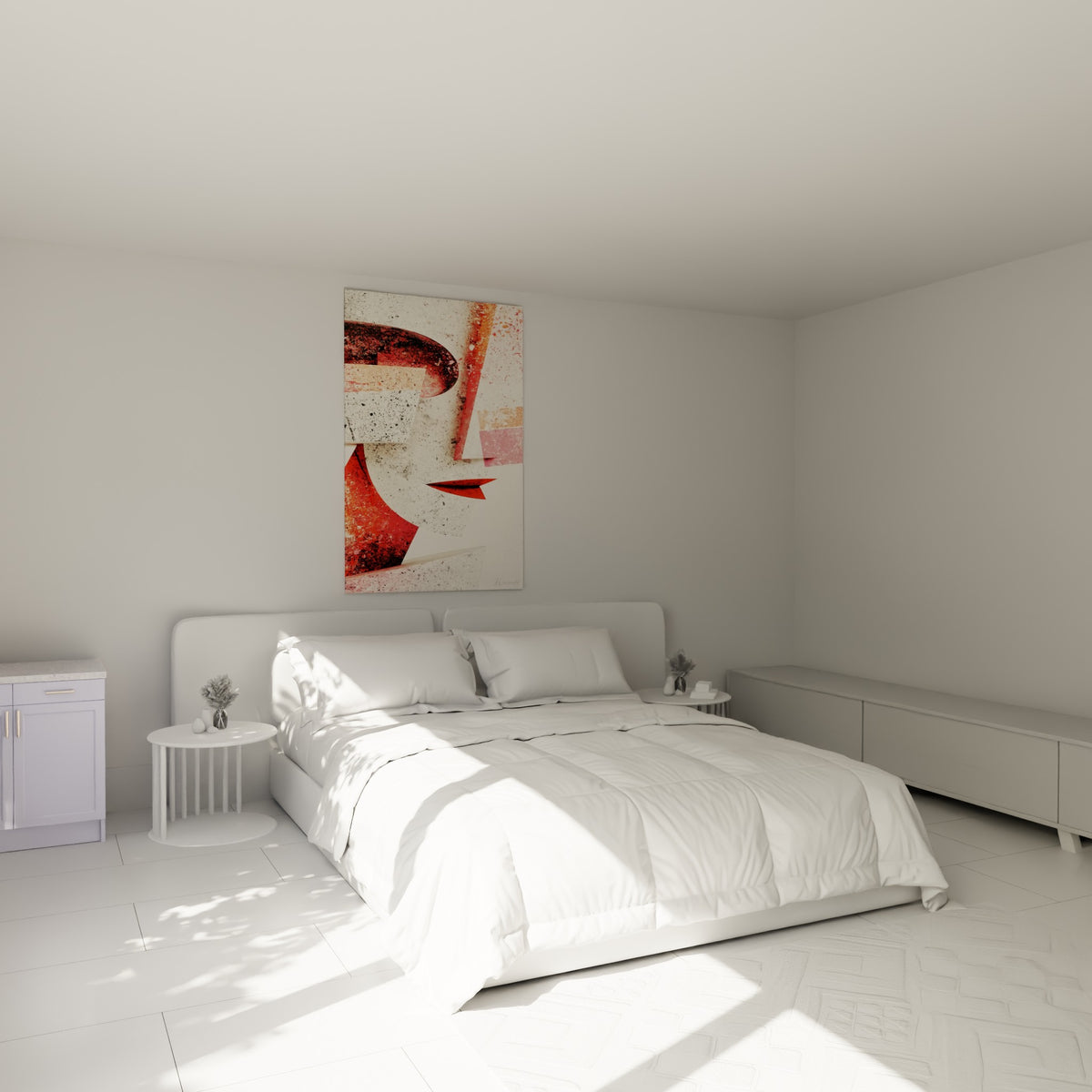 Profil fragmenté de la Statue rouge et blanche au-dessus d'un lit dans une chambre claire