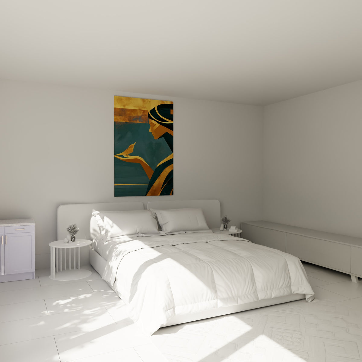 Silhouette dorée et bleu pétrole tenant un oiseau, au-dessus d'un lit dans une chambre claire