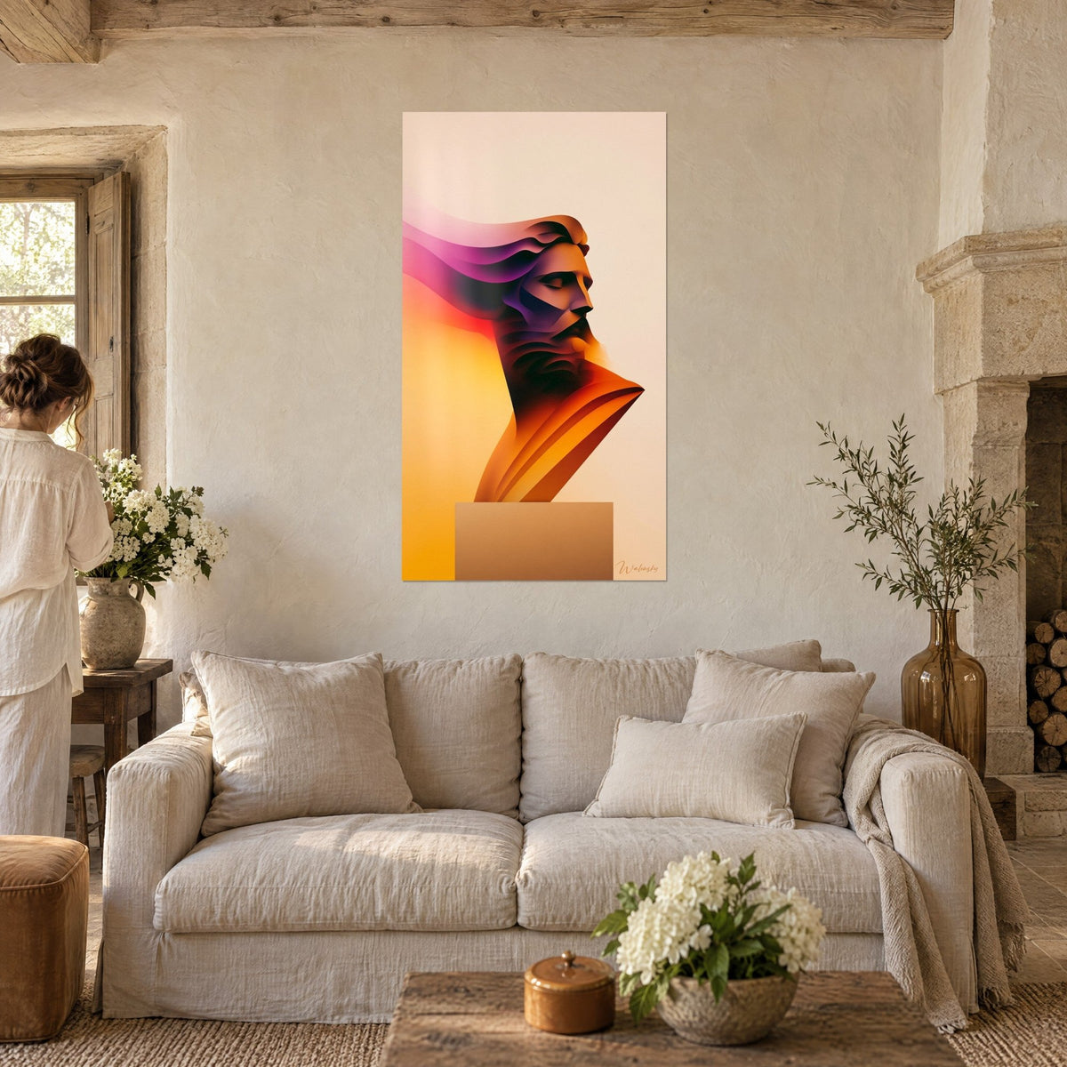 Quadro busto barbuto con volute viola e arancioni, capigliatura ondulata su fondo crema, sopra un divano in un soggiorno luminoso