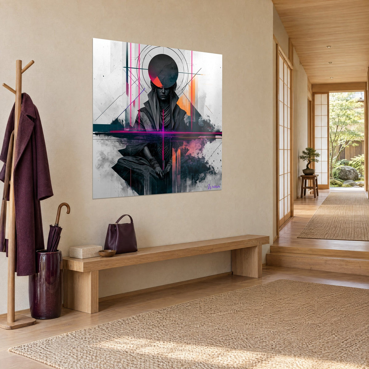 Gemälde verhüllte Silhouette in rosa und violetten Neonlinien auf hellgrauem Grund, japandi Eingangsbereich, Holzbank