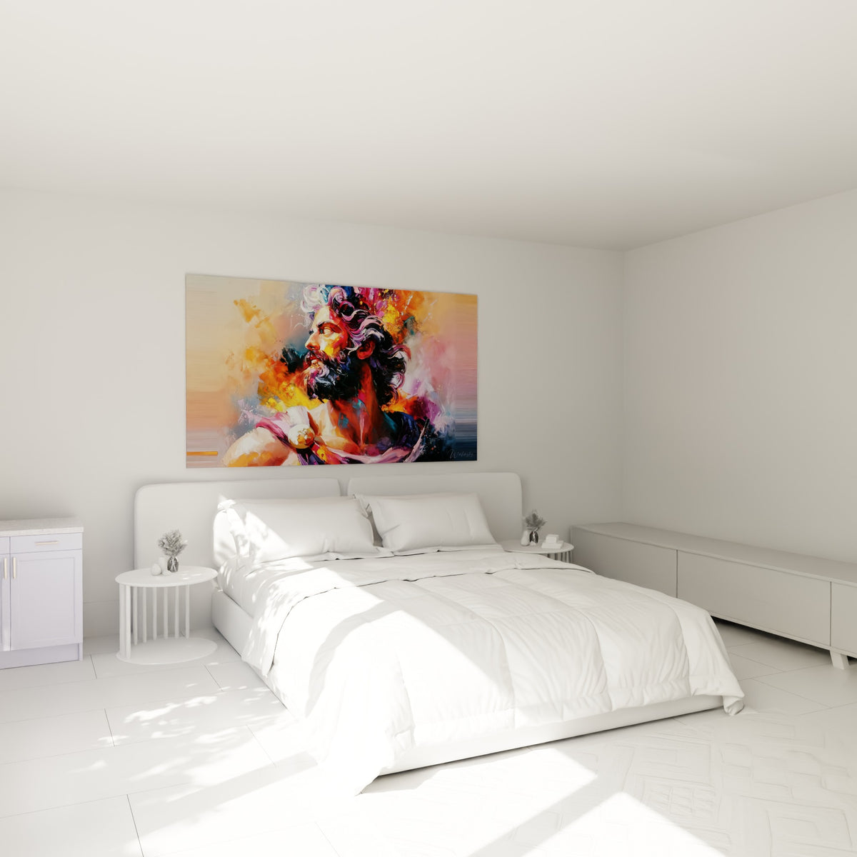 Sage barbu en profil orange et violet, tableau statue accroché au-dessus d'un lit dans une chambre claire