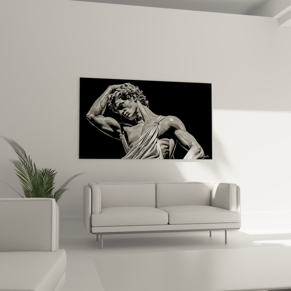 Silhouette sculpturale blanche et noire drapée en mouvement, au-dessus d'un canapé dans un salon lumineux