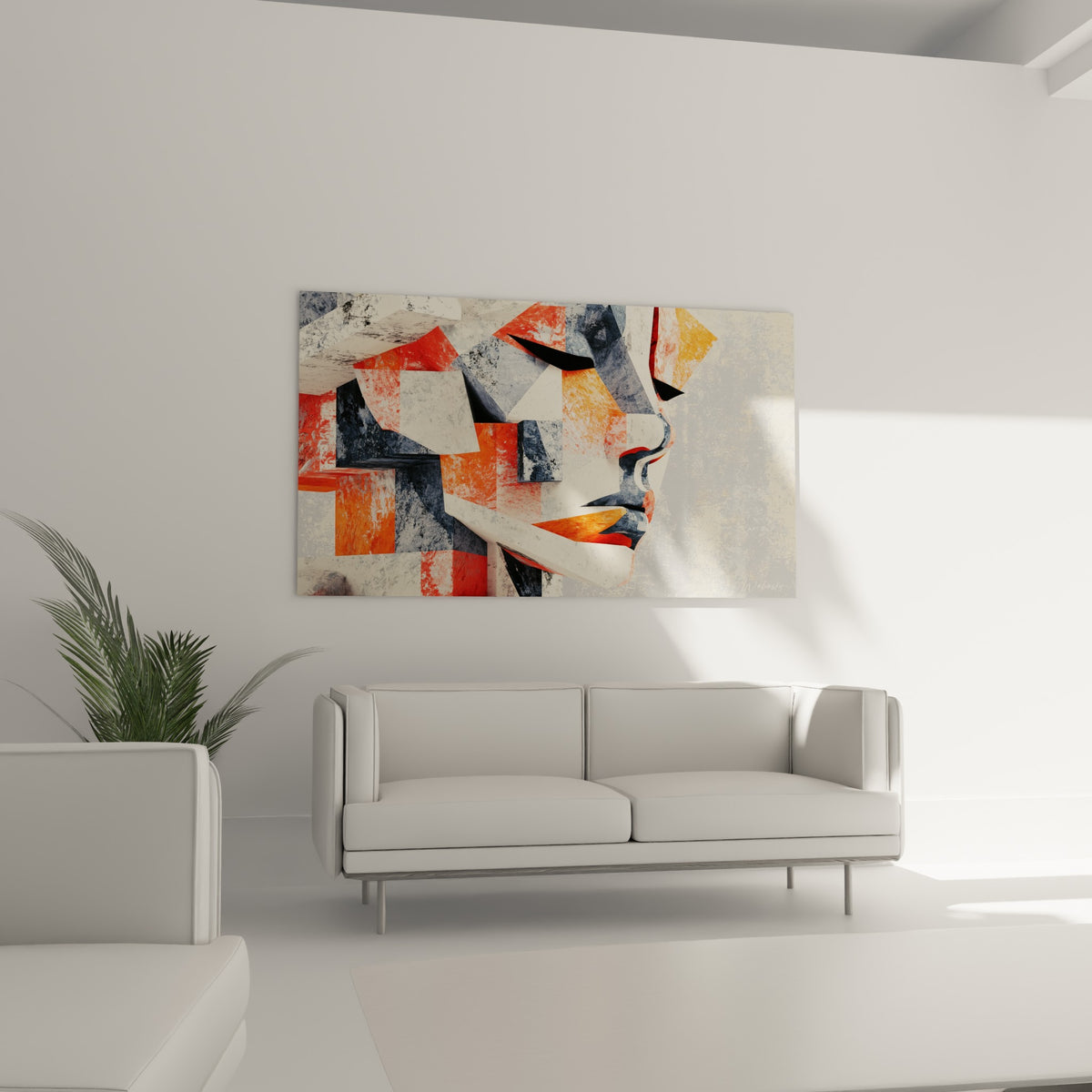 Sculpture éclatée aux tons orange et anthracite accrochée au-dessus d'un canapé dans un salon lumineux